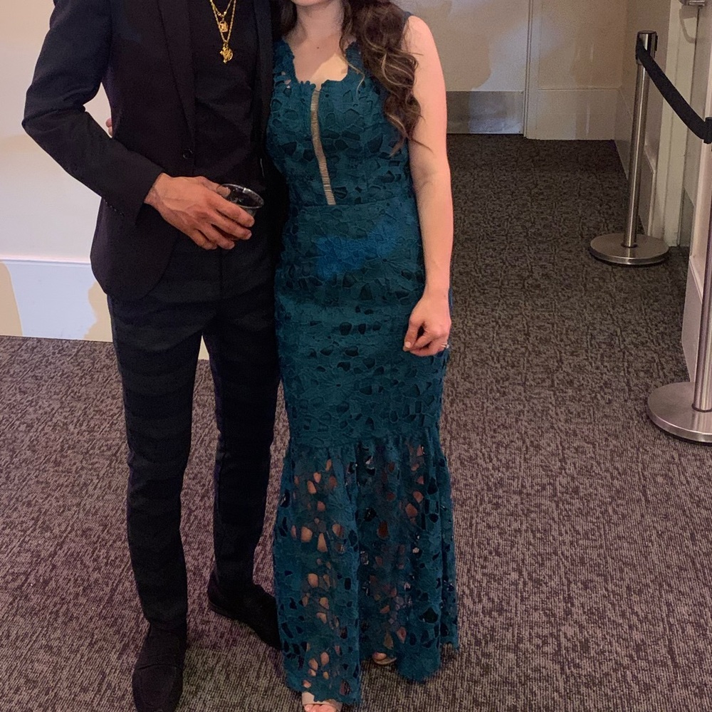 Laser Cut Fishtail Maxi dress in Green / Teal - Chi chi London